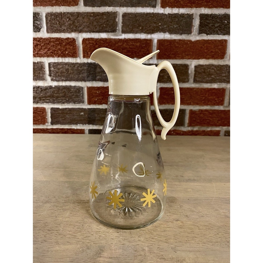 Vintage Log Cabin Syrup Pitcher Dispenser Gold Stars Starburst Clear Glass MCM